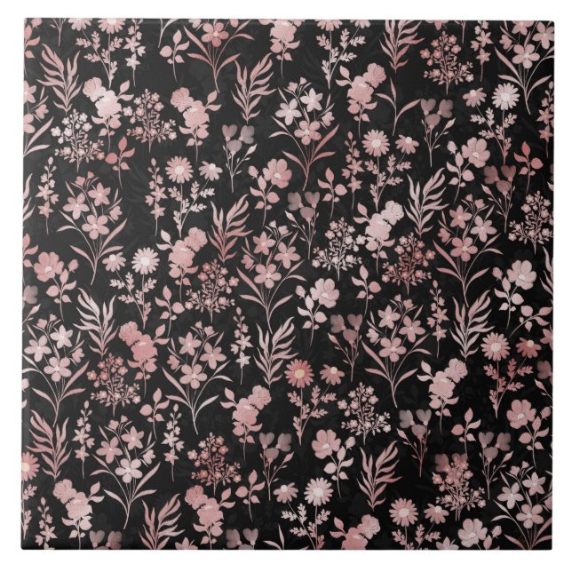 Azulejo De Cerâmica Flores Douradas Elegantes Rosa preto (Frente)