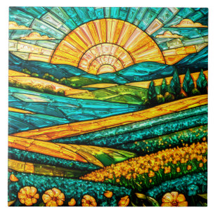 Azulejo De Cerâmica Flores Douradas Vidro Pintado Campo Verde