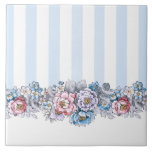 Azulejo De Cerâmica Flores e faixas bonito, cor-de-rosa, púrpura e azu<br><div class="desc">design de inspiração vintagal bonito com linhas de faixas verticais azuis e brancas com bordas coloridas de flores cor-de-rosa,  azuis e roxas com contornos escuros.</div>