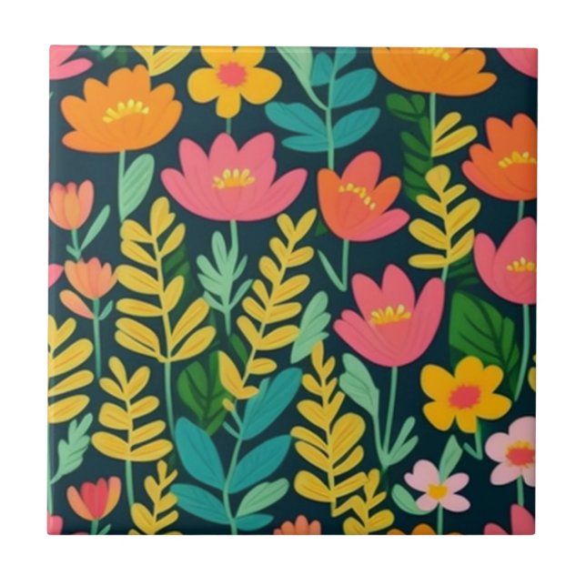Azulejo De Cerâmica Flores e folhas coloridas (Frente)