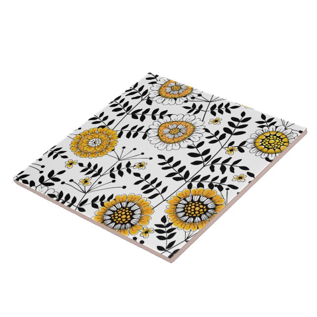 Azulejo De Cerâmica Flores e folhas de rabo em amarelo e preto (Lateral)