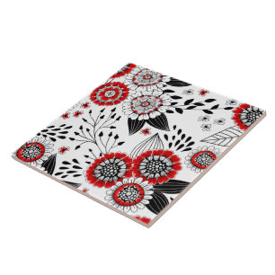 Azulejo De Cerâmica Flores e folhas de rabo em vermelho e preto