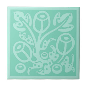 Azulejo De Cerâmica Flores e folhas em verde-azul-macio