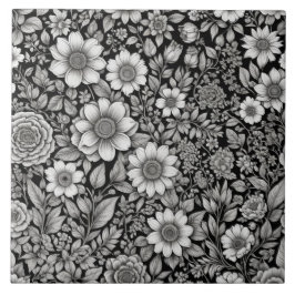 Azulejo De Cerâmica Flores e folhas negras e brancas