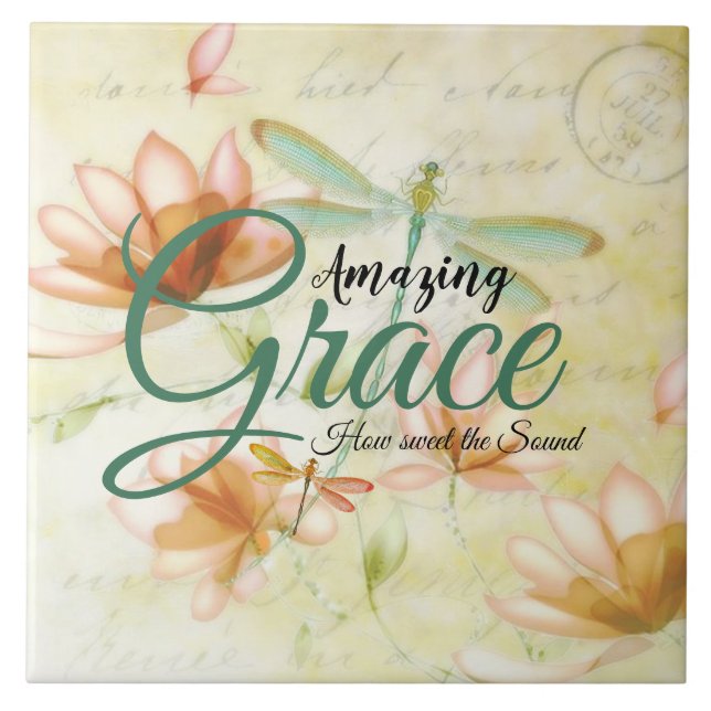 Azulejo De Cerâmica Flores e libélula da Amazing Grace   (Frente)