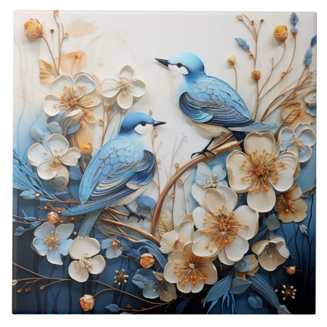 Azulejo De Cerâmica Flores e Pássaros (Frente)