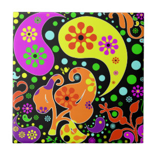 Azulejo De Cerâmica Flores e teste padrão coloridos Trivet retro de