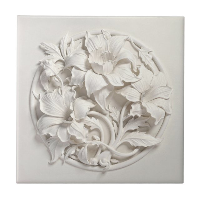 Azulejo De Cerâmica Flores Elegantes em Relevo Branco Falso (Frente)