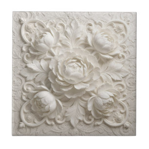 Azulejo De Cerâmica Flores Elegantes em Relevo Branco Falso