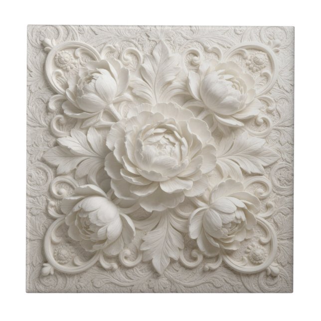 Azulejo De Cerâmica Flores Elegantes em Relevo Branco Falso (Frente)