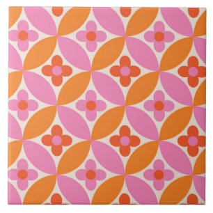 Azulejo De Cerâmica Flores em círculos laranja rosa de meados do sécul