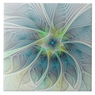 Azulejo De Cerâmica Flores Fantasias Modernas Azul Flor Fractal Verde