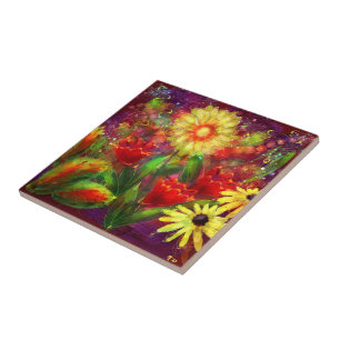 Azulejo De Cerâmica Flores Florais Abstrato de Arte Flor Amarelo