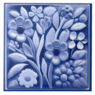 Azulejo De Cerâmica Flores Florais Azuis Alivios Escuras