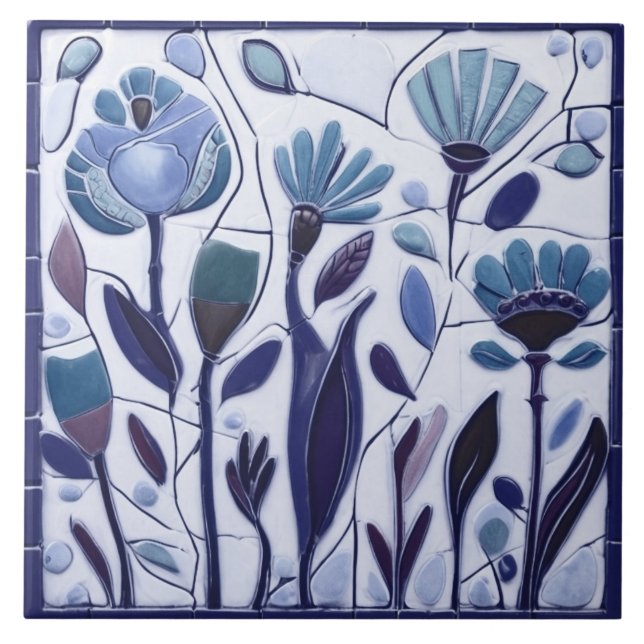 Azulejo De Cerâmica Flores Florais De Azul Quimérico (Frente)
