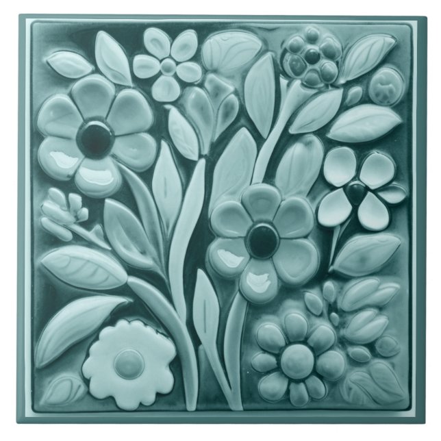 Azulejo De Cerâmica Flores Florais De Teal Turquoise Alivio Faux (Frente)