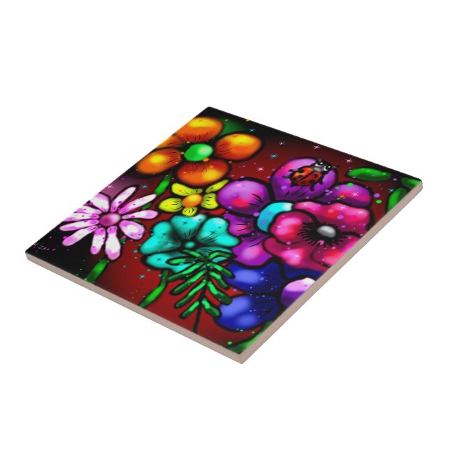 Azulejo De Cerâmica Flores Florais Estilo Grafite Whimsical Ladybug (Lateral)