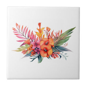 Azulejo De Cerâmica Flores Florais Tropicais Rosa Pêssego Amarelo Lara