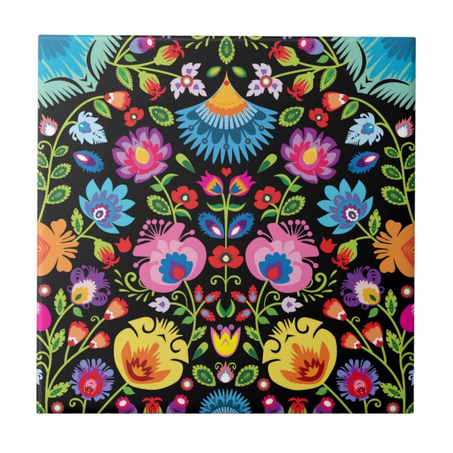 Azulejo De Cerâmica Flores folclóricas Wycinanki preto  (Frente)