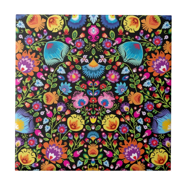 Azulejo De Cerâmica Flores folclóricas Wycinanki preto  (Frente)