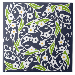 Azulejo De Cerâmica Flores, folhas, vinha, azul-marinho, branco, verde