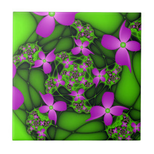 Azulejo De Cerâmica Flores Fractais Abstratas Modernas Rosa Verde Neon