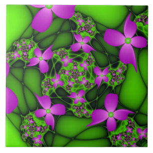 Azulejo De Cerâmica Flores Fractais Verdes Rosa-Rosa-Abstrato modernas