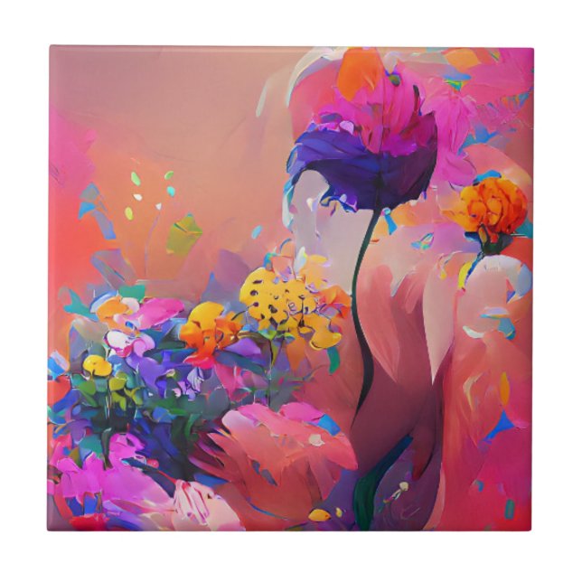 Azulejo De Cerâmica Flores fuchsia amarelo roxo arte digital (Frente)