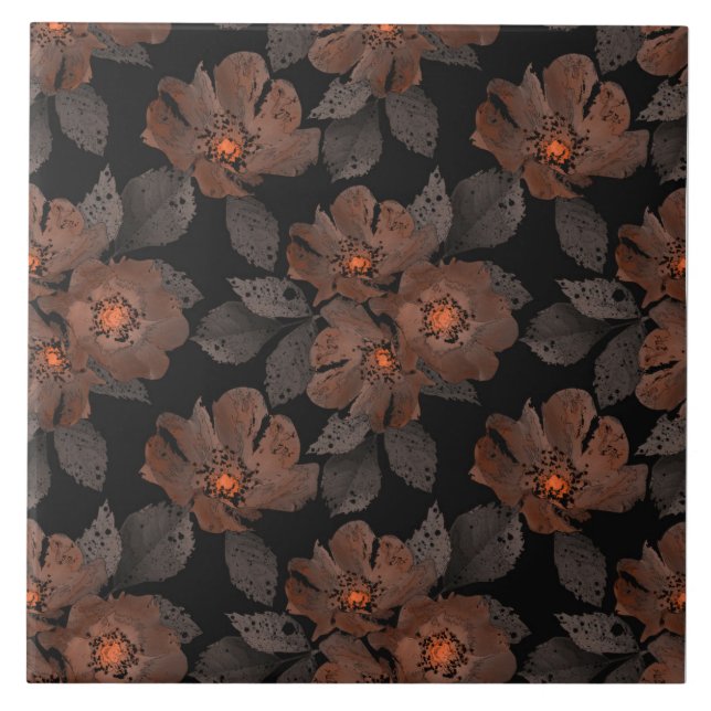 Azulejo De Cerâmica Flores laranja e marrom em um fundo preto. (Frente)