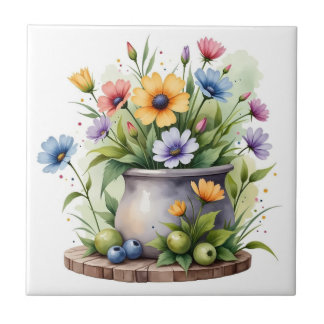 Azulejo De Cerâmica flores laranja, rosa, amarelo e azul