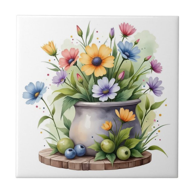 Azulejo De Cerâmica flores laranja, rosa, amarelo e azul (Frente)
