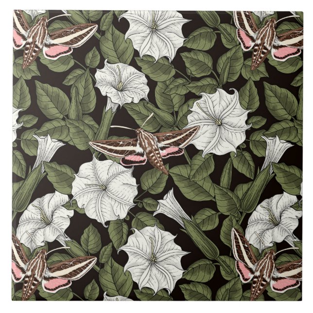 Azulejo De Cerâmica Flores-lua e mariposas esfinas (Frente)