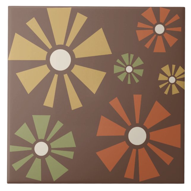 Azulejo De Cerâmica Flores Modernas de Meados do Século em Tons Terros (Frente)