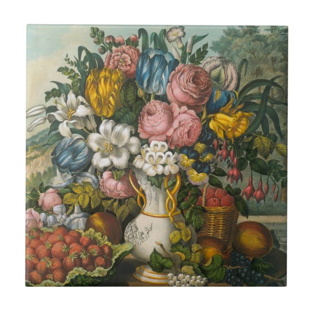 Azulejo De Cerâmica Flores, Morangos e Frutas (Frente)