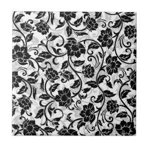 Azulejo De Cerâmica Flores Negras e Cinzas