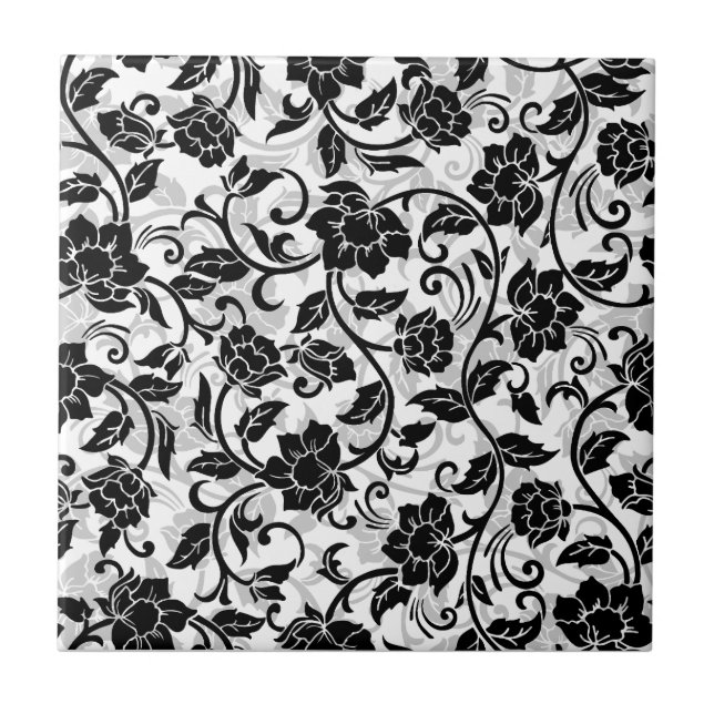 Azulejo De Cerâmica Flores Negras e Cinzas (Frente)