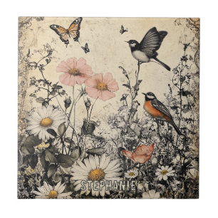 Azulejo De Cerâmica Flores, Pássaros e Borboleta em Papel Envelhecido