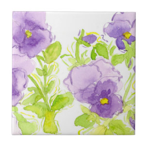 Azulejo De Cerâmica Flores Pastel da aguarela dos Pansies roxos