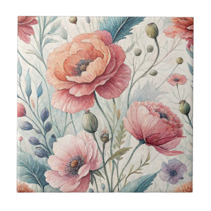Azulejo De Cerâmica Flores Pintadas à Mão - Design Floral em Sage e Co