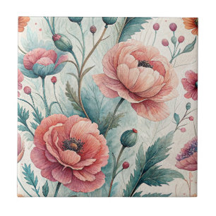 Azulejo De Cerâmica Flores Pintadas à Mão - Jardim Floral Coral e Sage
