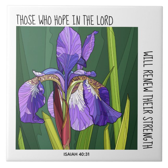 Azulejo De Cerâmica Flores Pintadas (Iris) com verso de Isaiah 40:31 (Frente)