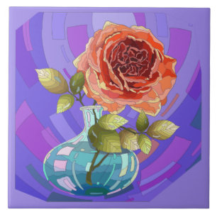 Azulejo De Cerâmica Flores pintadas, rosa-rosa em vaso