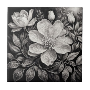 Azulejo De Cerâmica Flores Preto e Branco