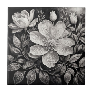 Azulejo De Cerâmica Flores Preto e Branco