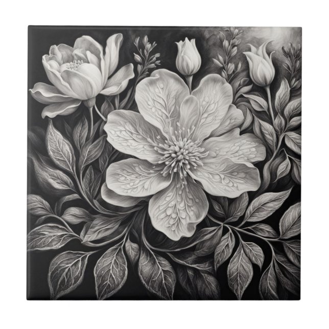 Azulejo De Cerâmica Flores Preto e Branco (Frente)