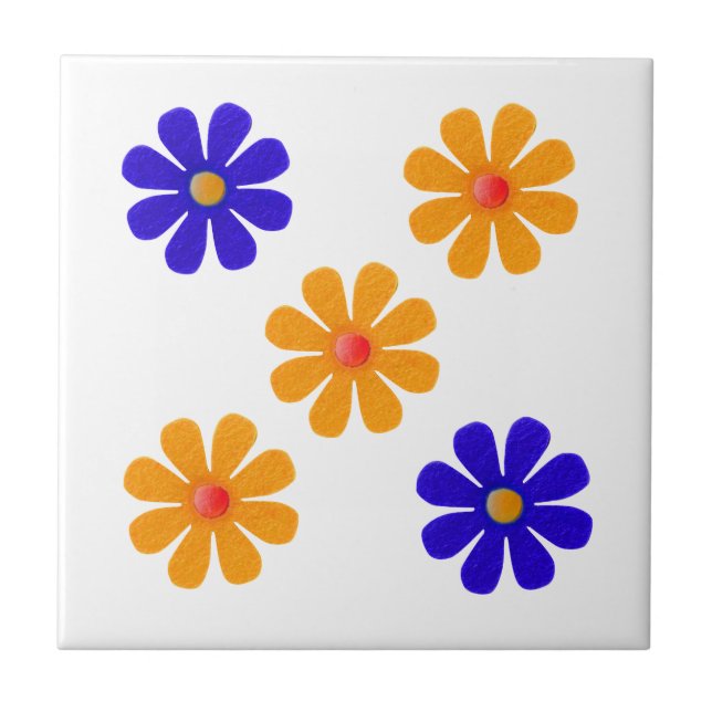 Azulejo De Cerâmica Flores primavera azuis e laranja para cozinha (Frente)