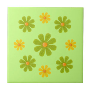 Azulejo De Cerâmica Flores primavera, verdes e amarelas, para cozinha
