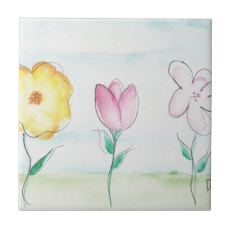 Azulejo De Cerâmica Flores Primitivas Pintadas
