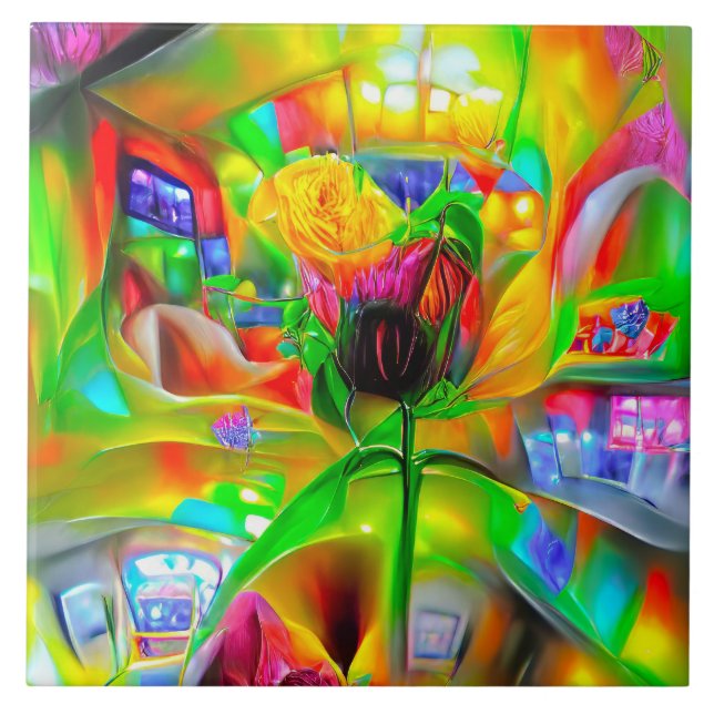 Azulejo De Cerâmica Flores Psicodélicas abstrato (Frente)