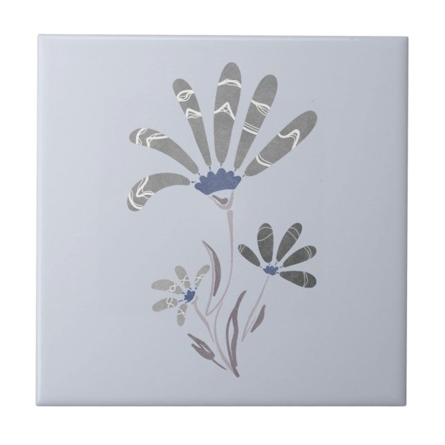 Azulejo De Cerâmica Flores Psicodélicas abstrato em Escala de Cinza (Frente)